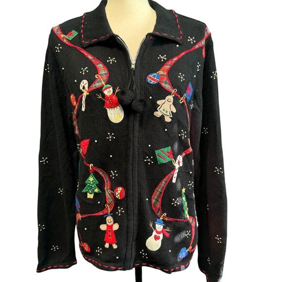 Erika Vintage Black Zip Christmas Gingerbread Snowman Knit Sweater Medium - Picture 1 of 13